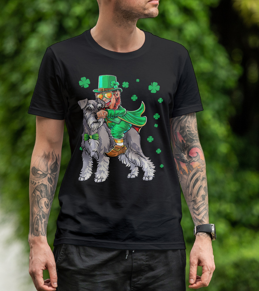 Leprechaun Riding Miniature Schnauzer With Green Shamrocks T-Shirt