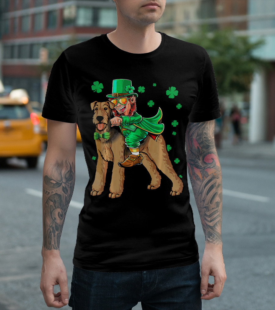 Leprechaun Riding Airedale Terrier With Shamrocks T-Shirt
