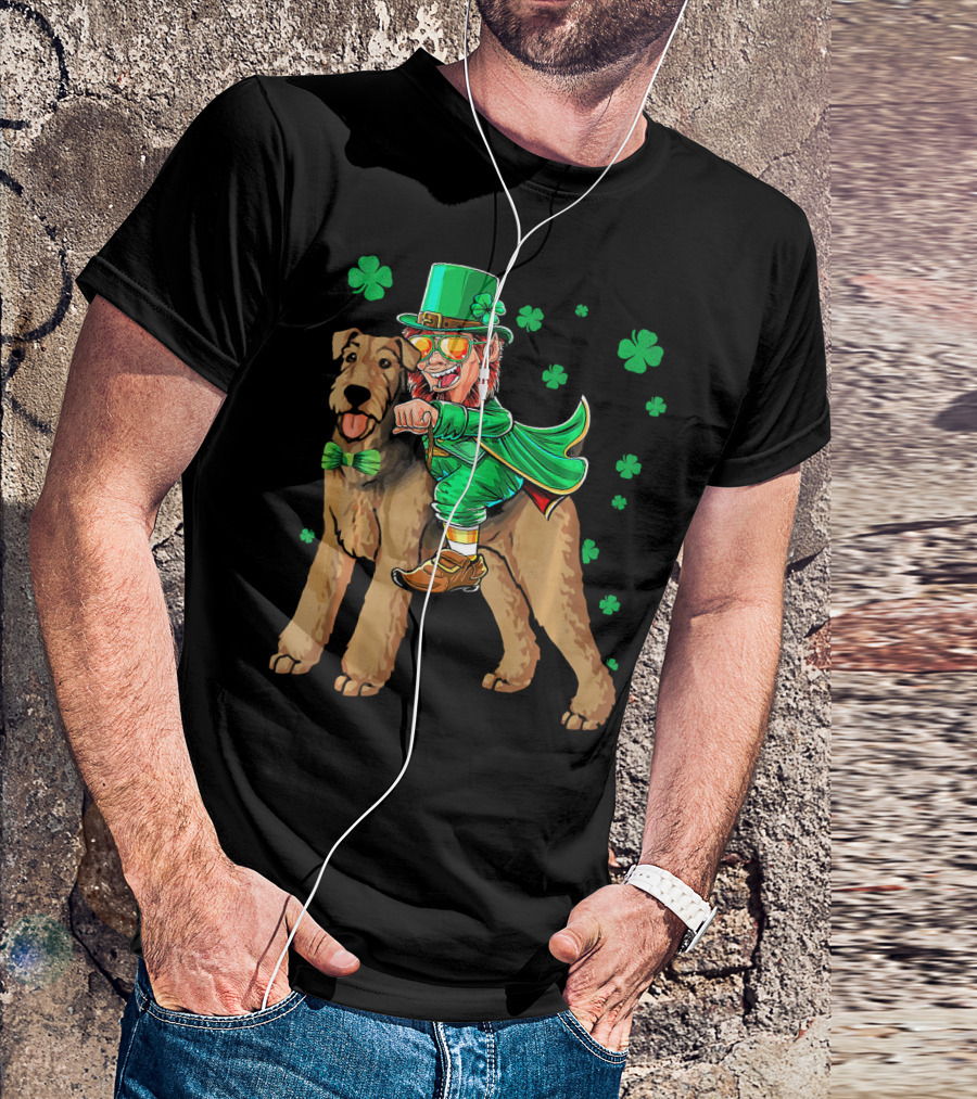 Leprechaun Riding Airedale Terrier With Shamrocks T-Shirt