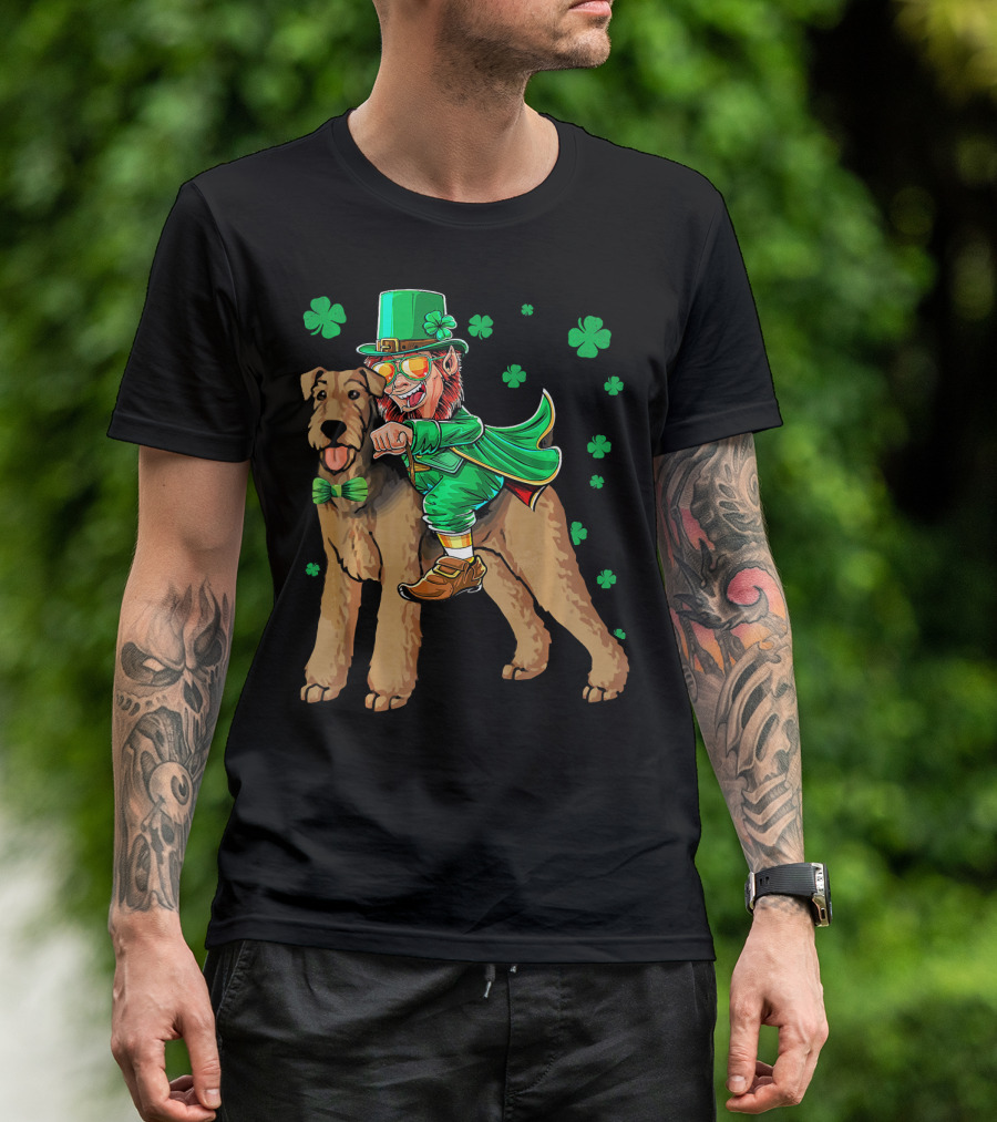 Leprechaun Riding Airedale Terrier With Shamrocks T-Shirt