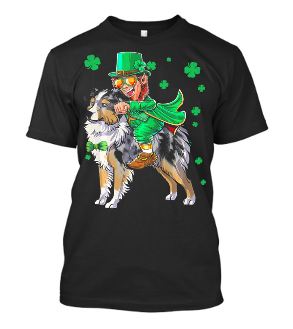 Leprechaun Riding Miniature Australian Shepherd With Shamrocks T-Shirt