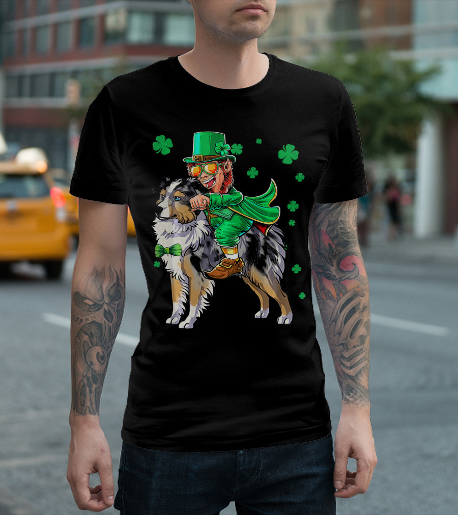 Leprechaun Riding Miniature Australian Shepherd With Shamrocks T-Shirt