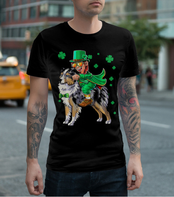 Leprechaun Riding Miniature Australian Shepherd With Shamrocks T-Shirt