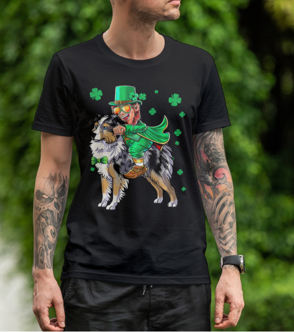Leprechaun Riding Miniature Australian Shepherd With Shamrocks T-Shirt