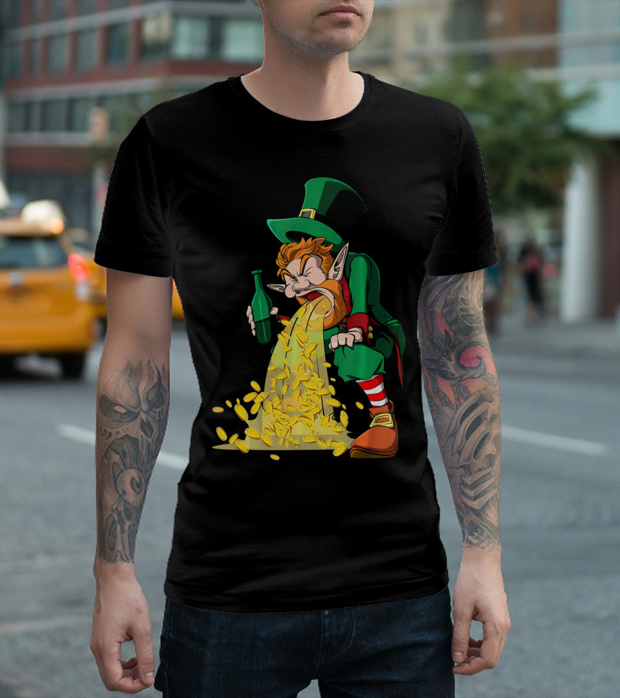 Funny St Patricks Day Puking Leprechaun With Beer And Gold Coins T-Shirt
