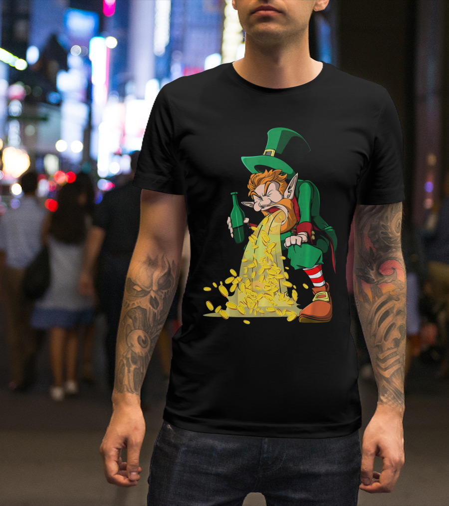Funny St Patricks Day Puking Leprechaun With Beer And Gold Coins T-Shirt