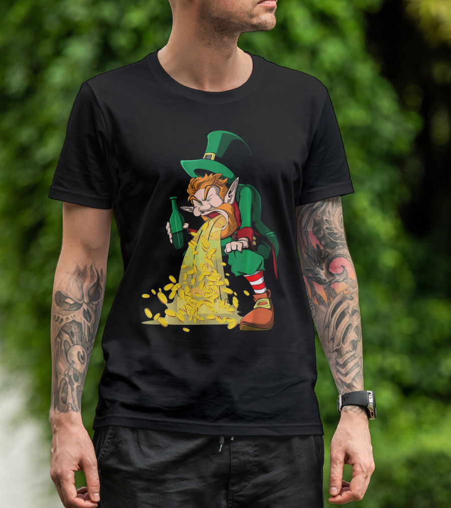 Funny St Patricks Day Puking Leprechaun With Beer And Gold Coins T-Shirt