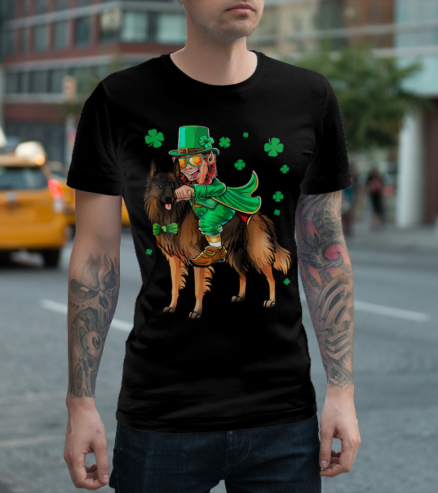 Leprechaun Riding Belgian Tervuren with Shamrock Accents T-Shirt
