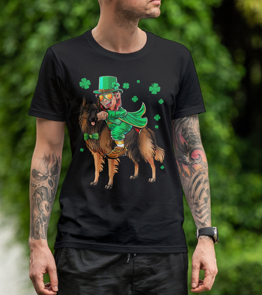 Leprechaun Riding Belgian Tervuren With Shamrock Accents T-Shirt