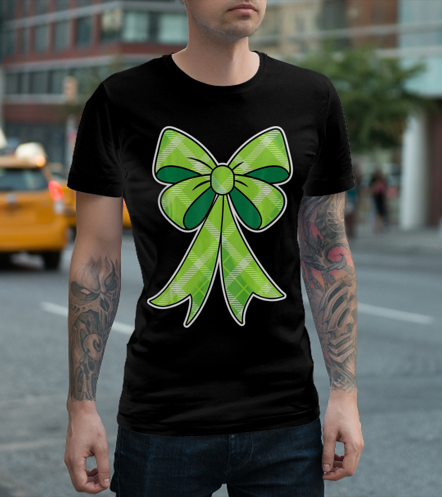 Girls St Patricks Day Green Plaid Bow T-Shirt