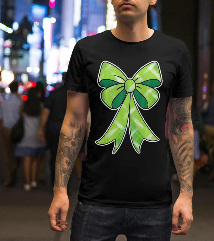 Girls St Patricks Day Green Plaid Bow T-Shirt