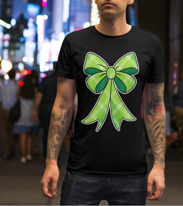 Girls St Patricks Day Green Plaid Bow T-Shirt