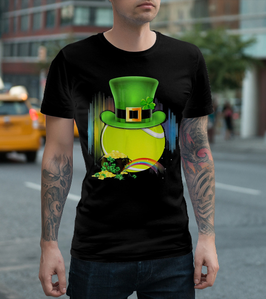Leprechaun Hat Tennis Ball with Rainbow and Pot of Gold for Saint Patricks T-Shirt