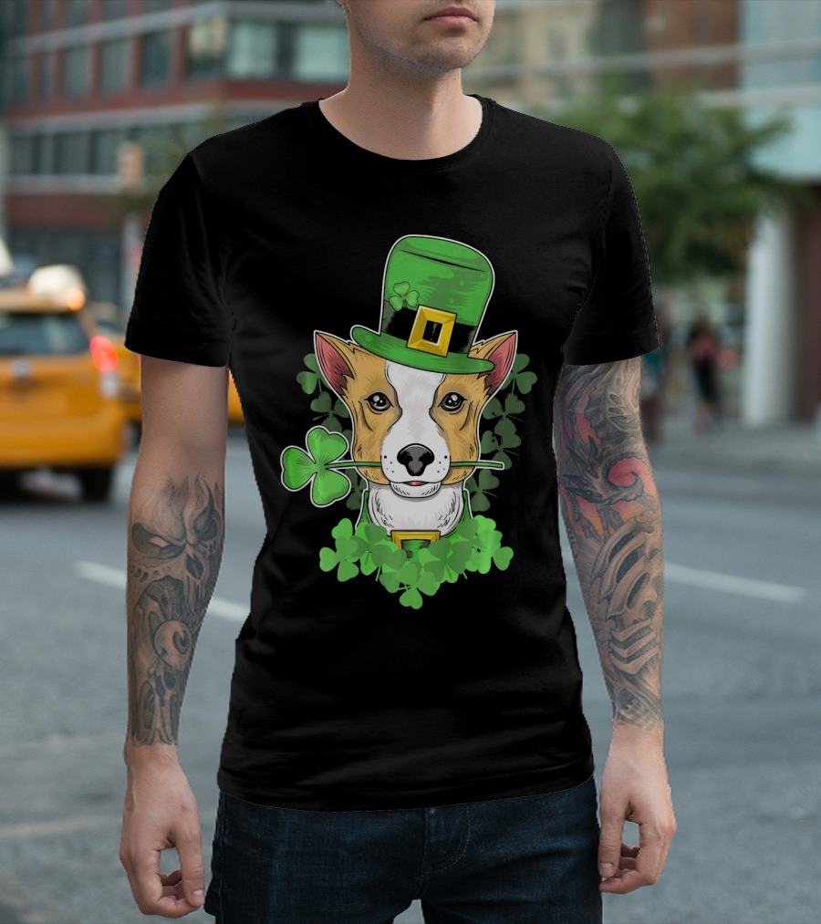 Happy Saint Patricks Day Corgi Wearing Leprechaun Hat and Shamrocks T-Shirt