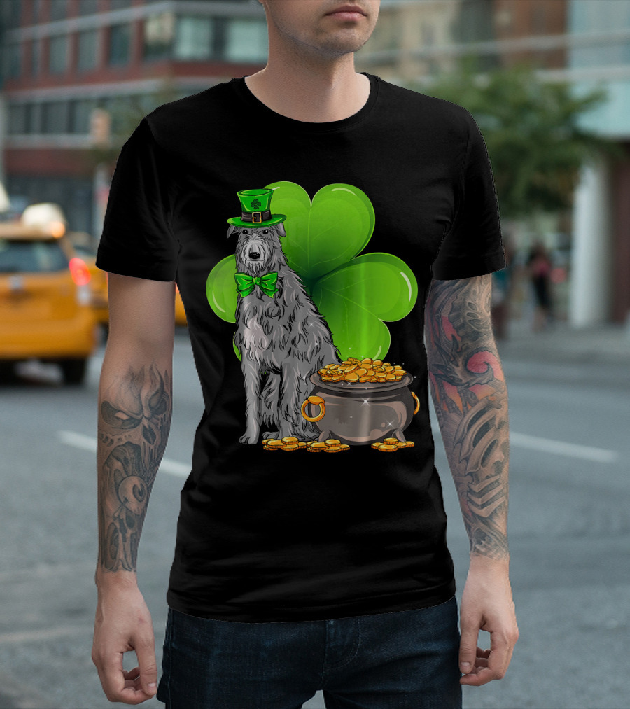 Scottish Deerhound St Patricks Day Leprechaun Hat Pot Of Gold Shamrock T-Shirt