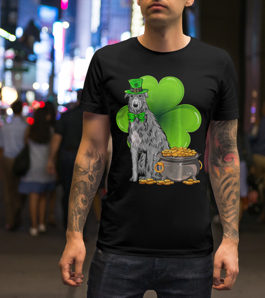 Scottish Deerhound St Patricks Day Leprechaun Hat Pot Of Gold Shamrock T-Shirt