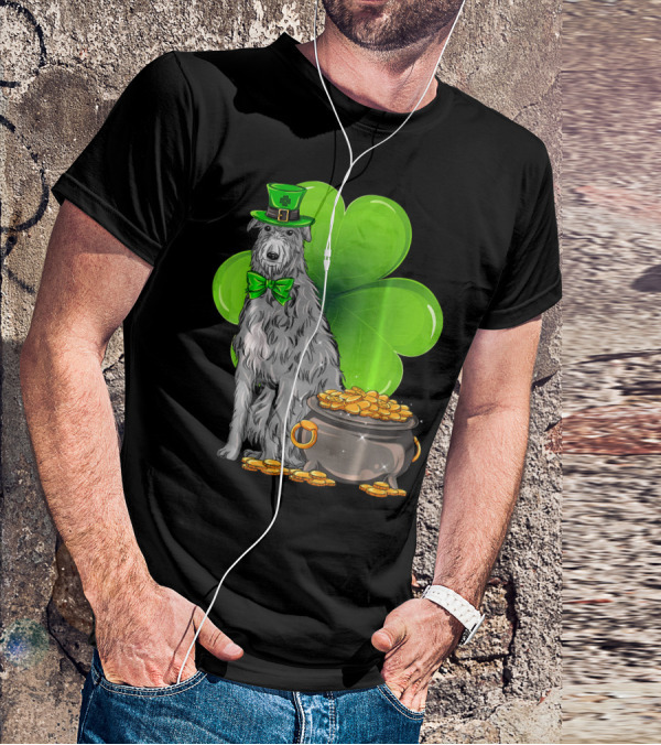 Scottish Deerhound St Patricks Day Leprechaun Hat Pot Of Gold Shamrock T-Shirt