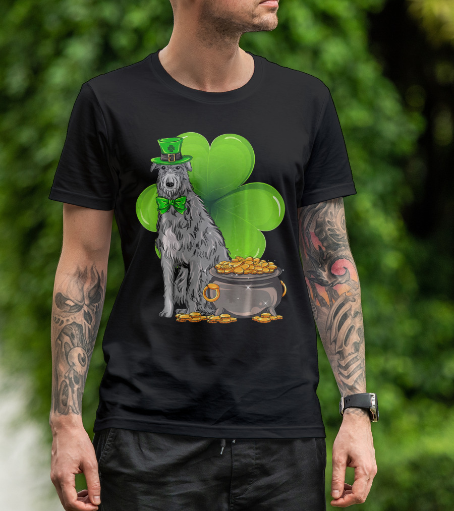 Scottish Deerhound St Patricks Day Leprechaun Hat Pot Of Gold Shamrock T-Shirt