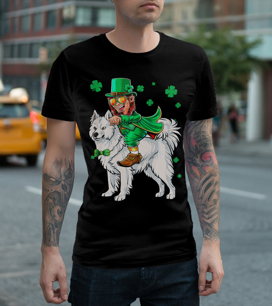 Leprechaun Riding Samoyed with Shamrocks St. Patrick's Day T-Shirt