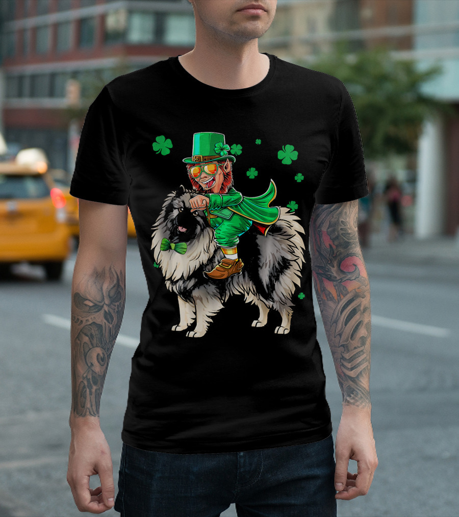 Leprechaun Riding Keeshond with Shamrocks for St. Patrick's Day T-Shirt