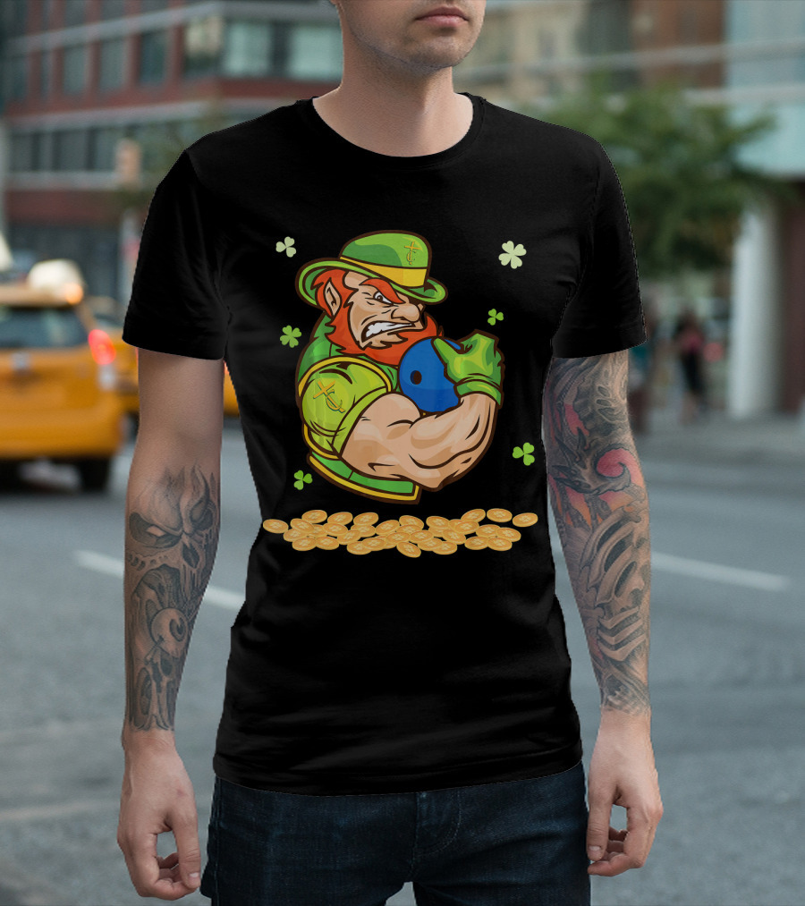 Leprechaun Playing Bowling Around Shamrock Coins and Clover T-Shirt