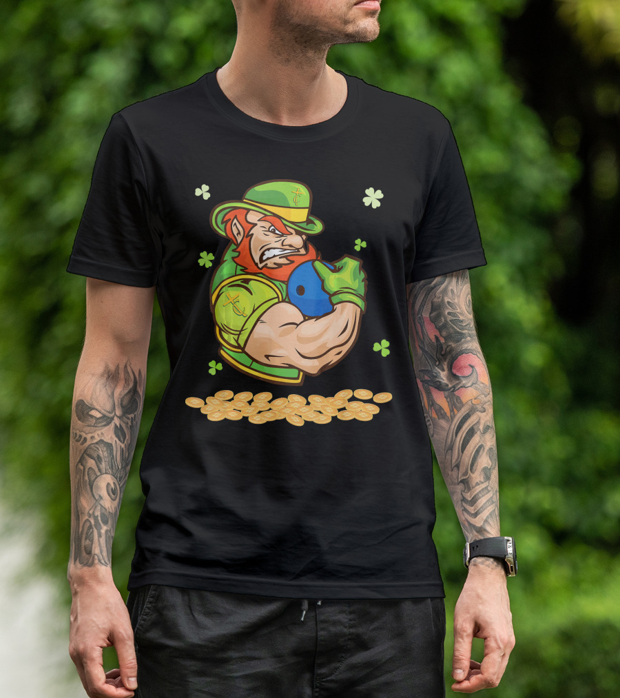 Leprechaun Playing Bowling Around Shamrock Coins And Clover T-Shirt
