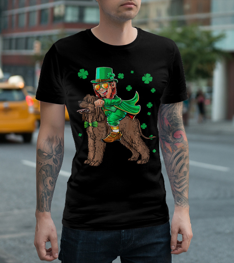 Leprechaun Riding Irish Water Spaniel with Shamrocks T-Shirt