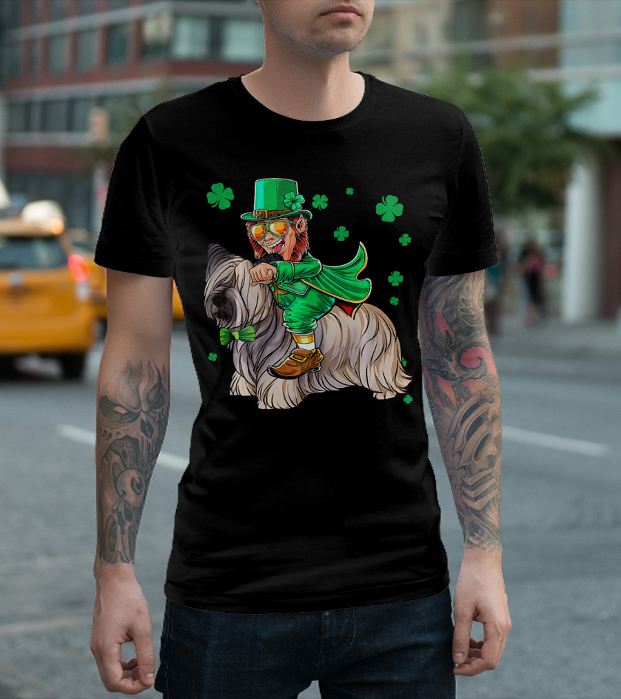Leprechaun Riding Skye Terrier Shamrocks St. Patrick's Day T-Shirt