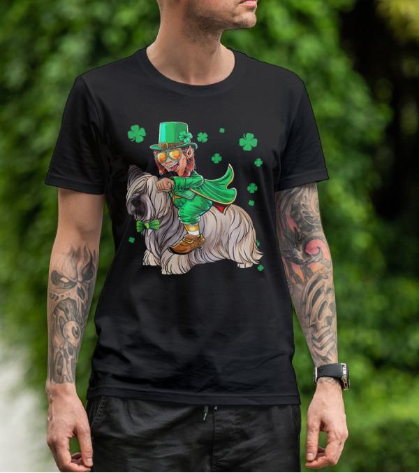 Leprechaun Riding Skye Terrier Shamrocks St. Patrick's Day T-Shirt