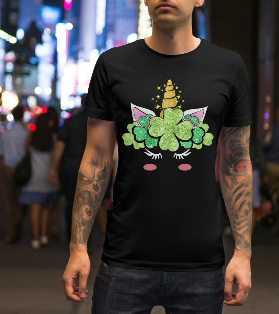 St Patricks Day Unicorn Clover Horn Sparkles T-Shirt