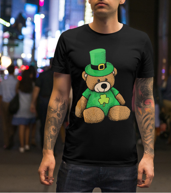 St. Patrick's Day Irish Teddy Bear With Leprechaun Hat And Clover T-Shirt