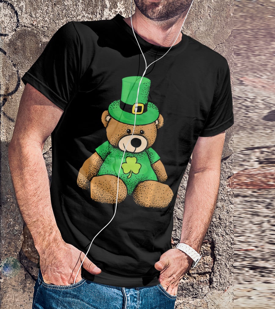 St. Patrick's Day Irish Teddy Bear With Leprechaun Hat And Clover T-Shirt