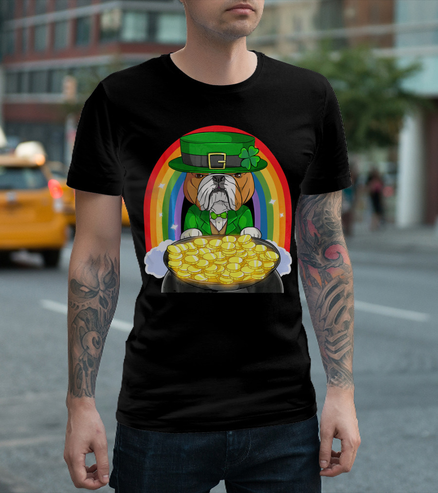 English Bulldog St Patricks Day Leprechaun Pot of Gold Rainbow T-Shirt