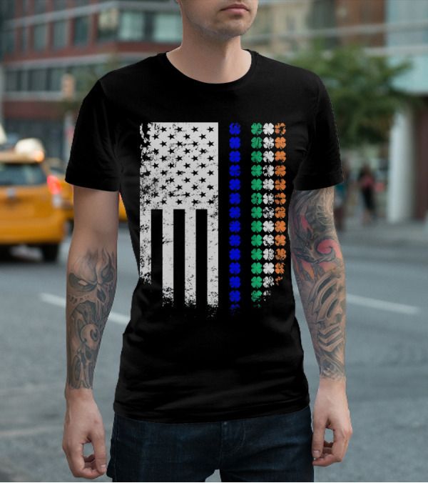American Flag Irish Police Officer Shamrock Line T-Shirt