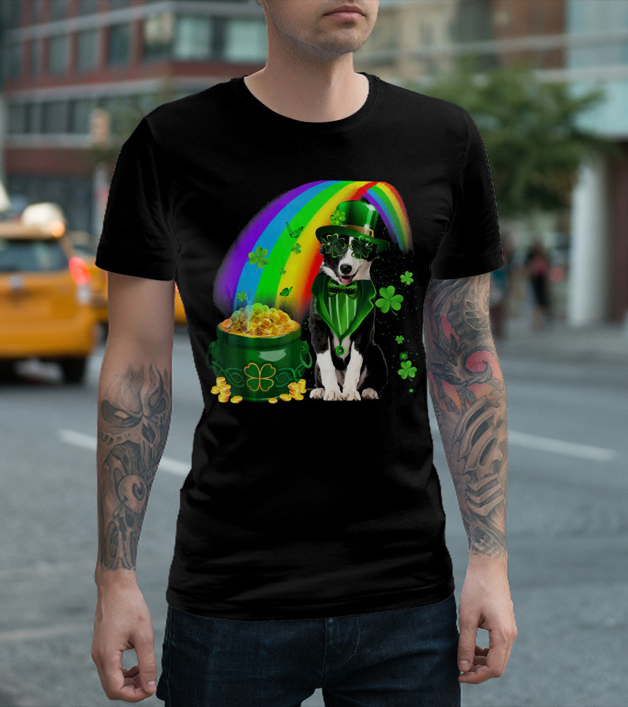 Border Collie Irish Leprechaun with Rainbow and Pot of Gold Coins T-Shirt