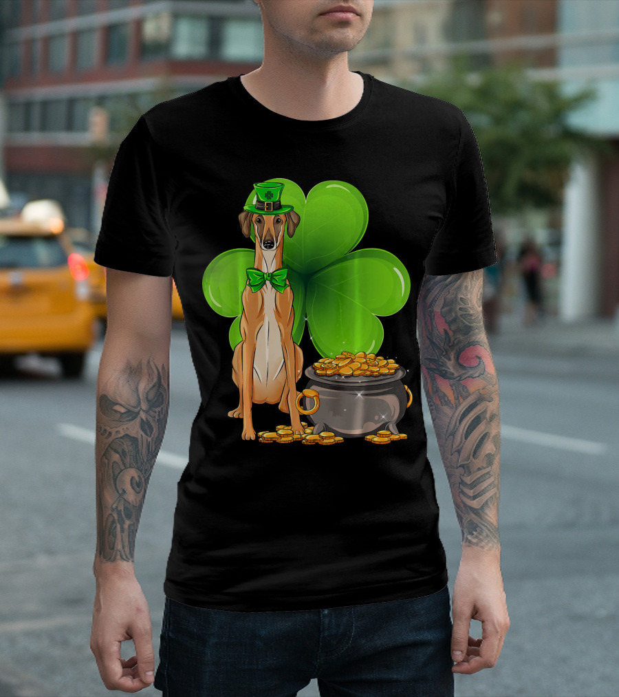 Sloughi Dog with Leprechaun Hat and Clover St Patricks Day Pot of Gold T-Shirt
