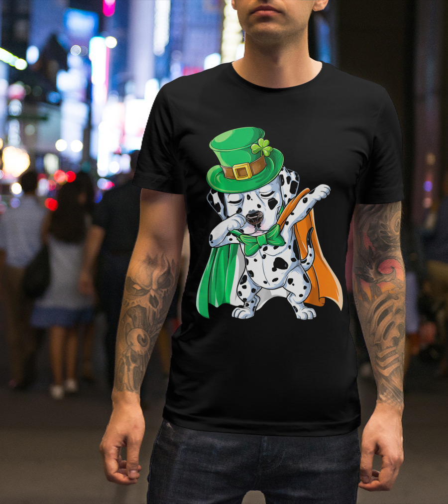 Saint Patrick's Day Dabbing Dalmatian In Green Hat And Irish Colors T-Shirt