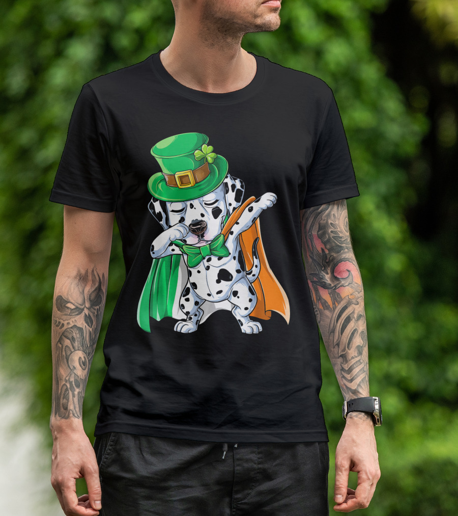 Saint Patrick's Day Dabbing Dalmatian In Green Hat And Irish Colors T-Shirt