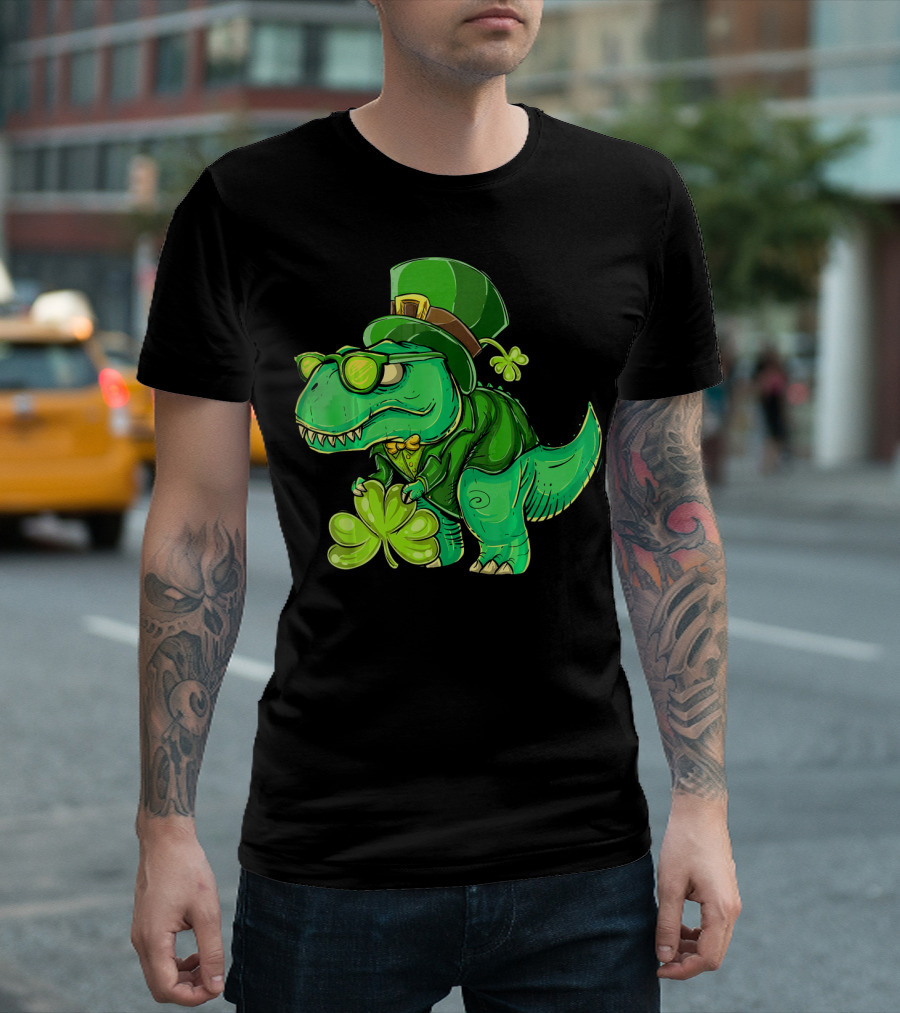 St Patricks Day Irish Dinosaur With Shamrock And Leprechaun Hat T-Shirt