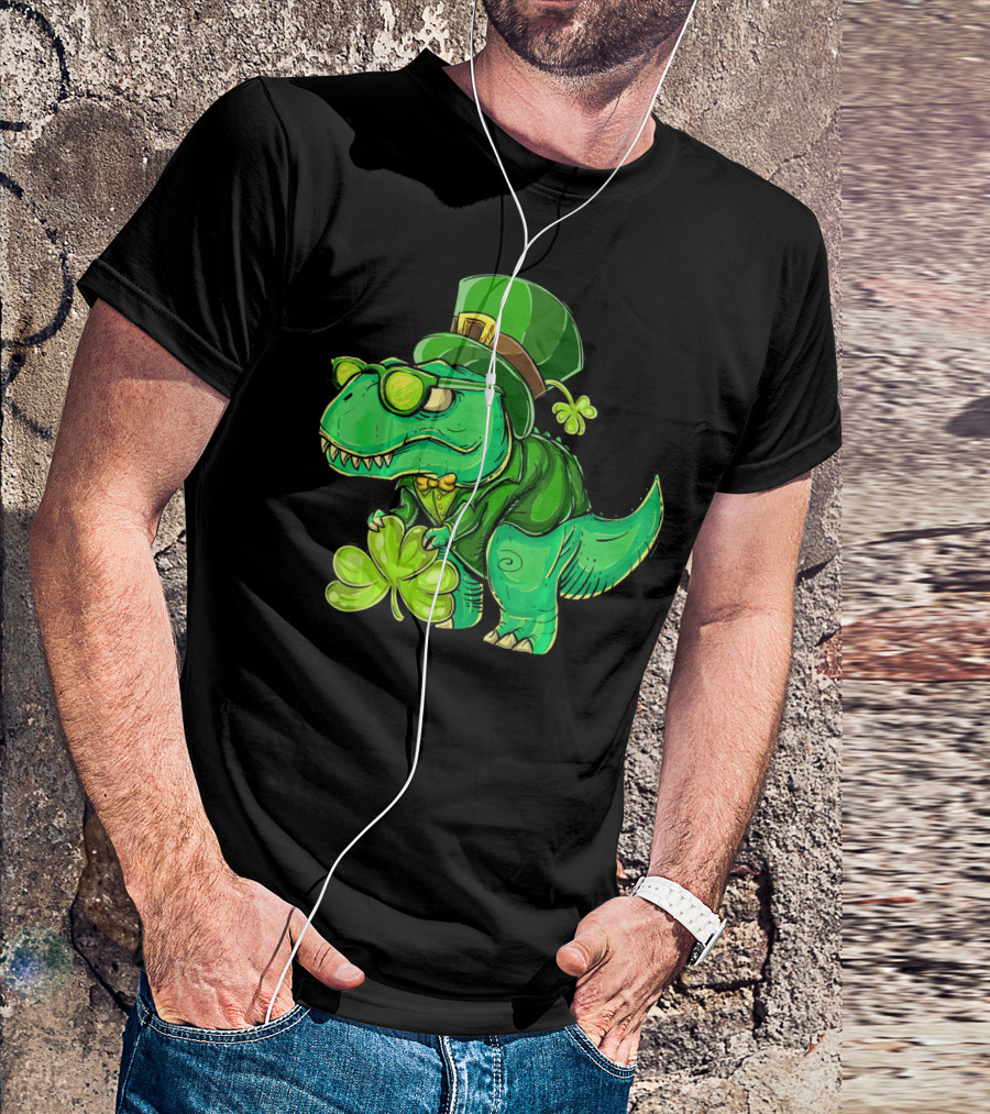 St Patricks Day Irish Dinosaur With Shamrock And Leprechaun Hat T-Shirt