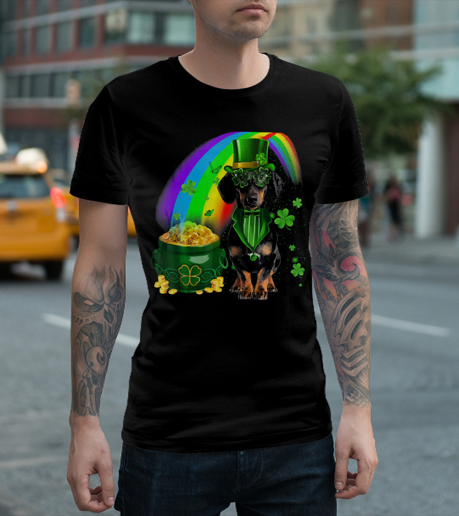 Dachshund Dog Irish Leprechaun with Pot of Gold and Rainbow T-Shirt