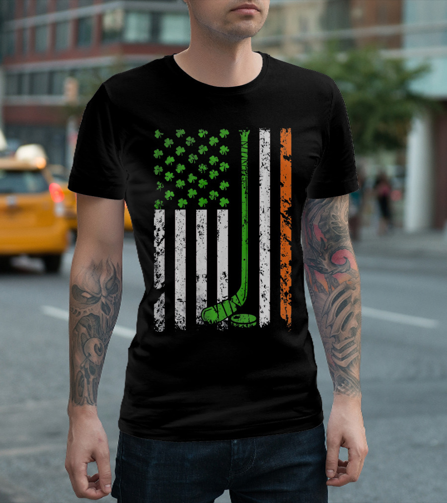 Irish American Hockey Flag with Shamrocks and Hockey Stick T-Shirt