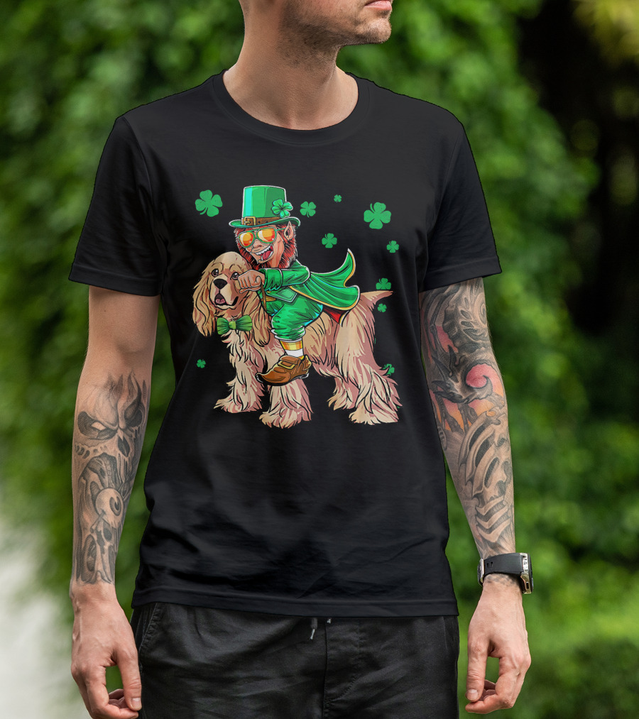 Leprechaun Riding Cocker Spaniel With Shamrocks T-Shirt