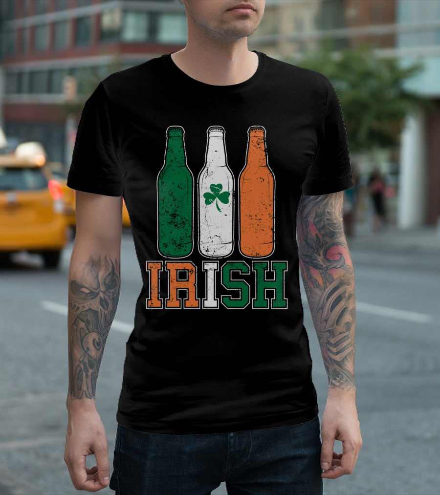 IRISH St Paddys Day Drinking Bottles With Shamrock Flag T-Shirt