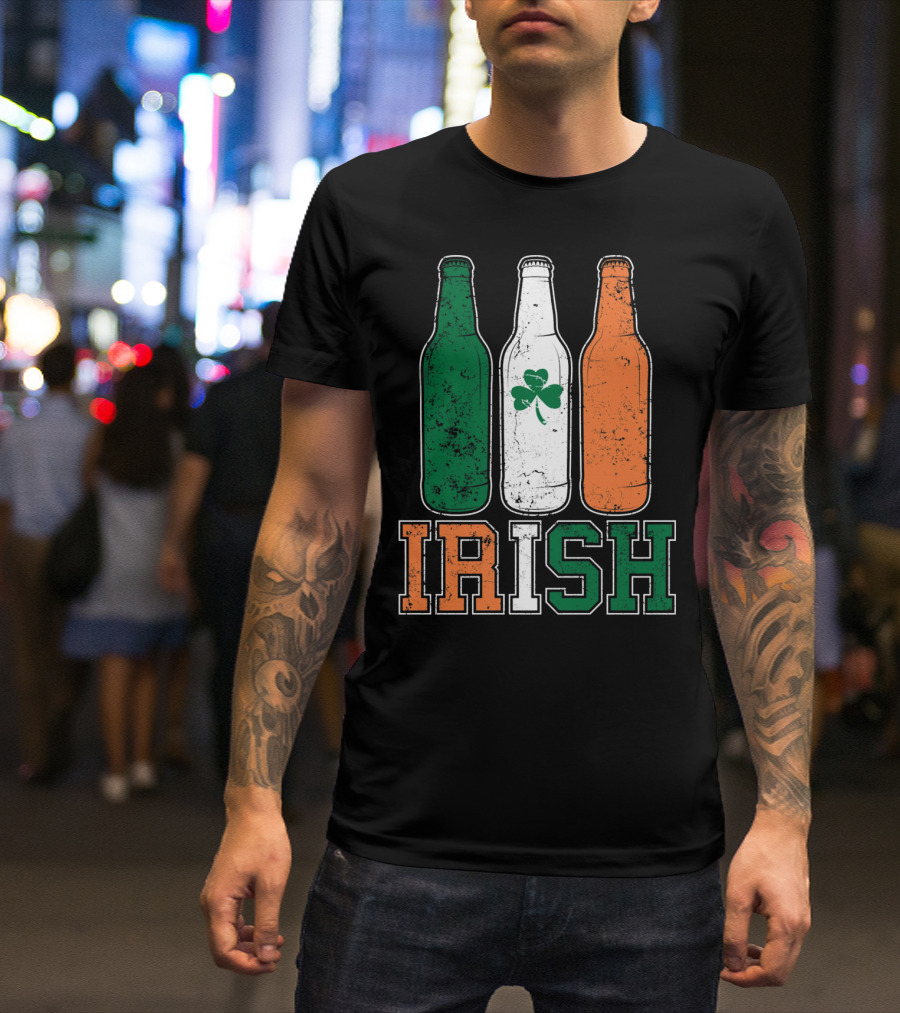 IRISH St Paddys Day Drinking Bottles With Shamrock Flag T-Shirt