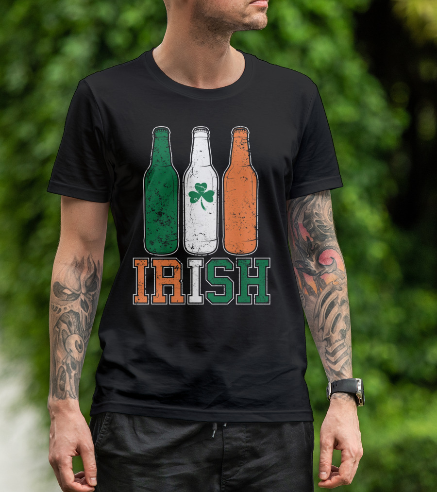 IRISH St Paddys Day Drinking Bottles With Shamrock Flag T-Shirt