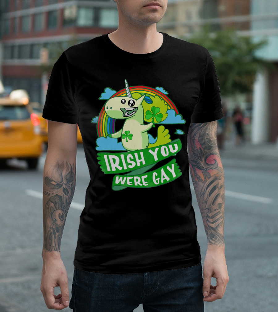 Unicorn Irish You Were Gay Rainbow Shamrock Clouds T-Shirt