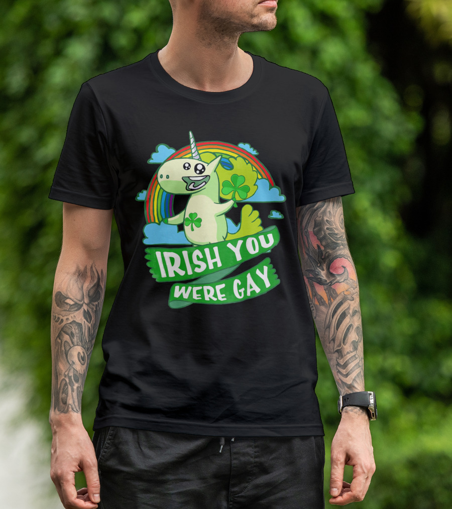 Unicorn Irish You Were Gay Rainbow Shamrock Clouds T-Shirt