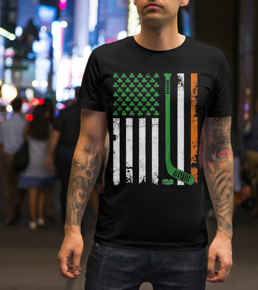 Irish American Flag Shamrock Hockey Stick T-Shirt