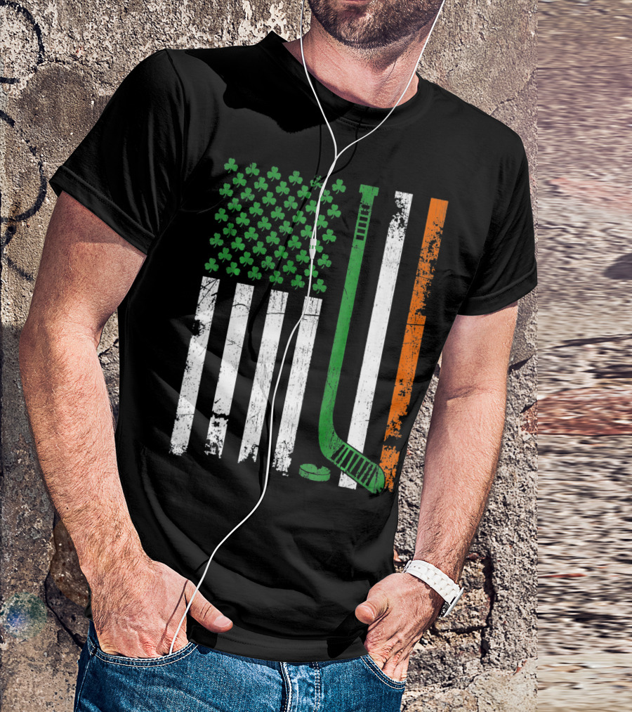 Irish American Flag Shamrock Hockey Stick T-Shirt